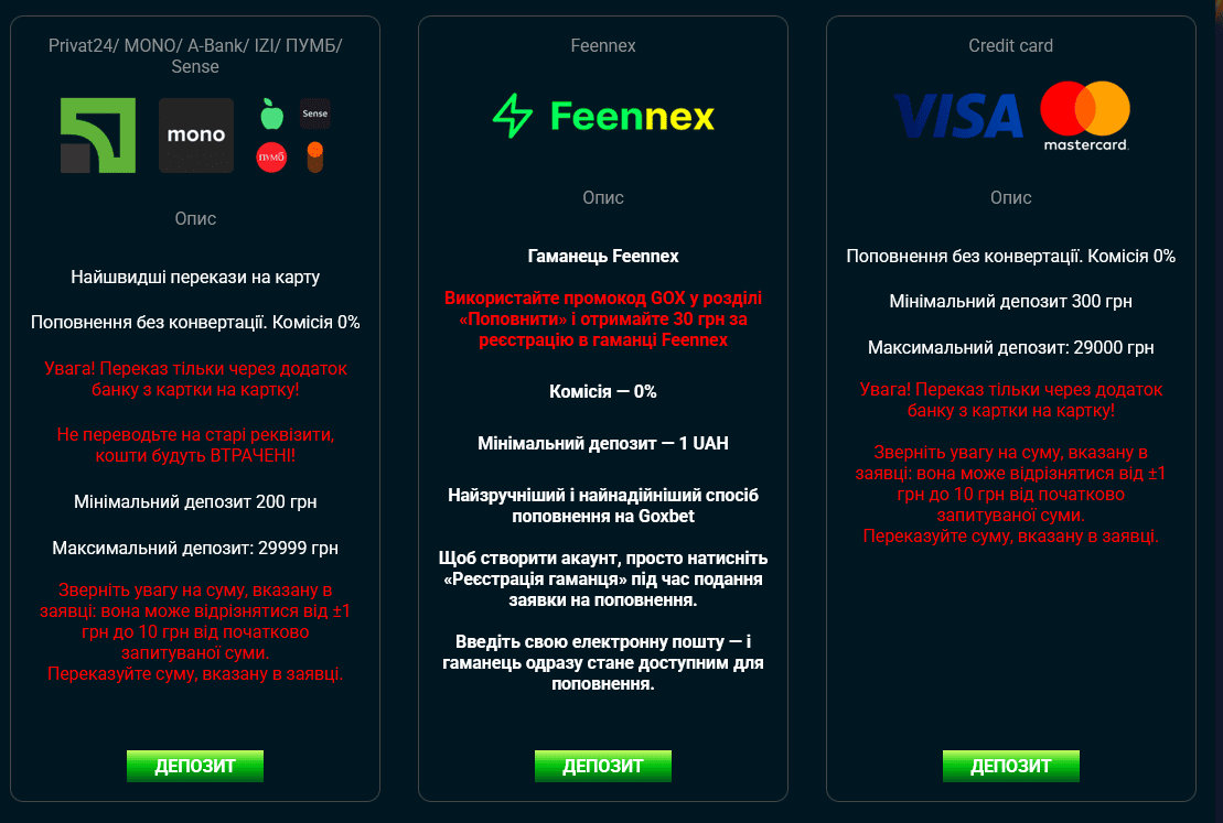Поповнення депозиту та виведення коштів у Goxbet