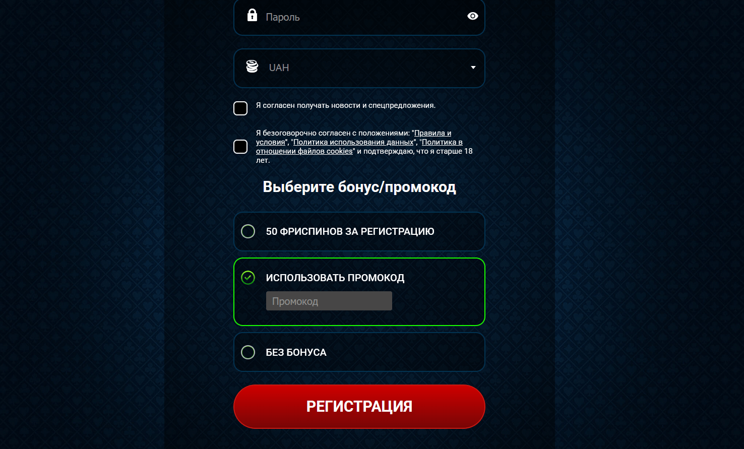 Ввод промокода на официальном сайте